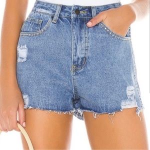 Revolve superdown High-waisted
Rhinestone Distressed medium wash denim Shorts